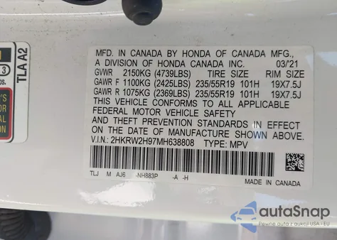 2021 Honda Cr-V Awd Touring z USA, uszkodzony, nr VIN 2HKRW2H97MH638808